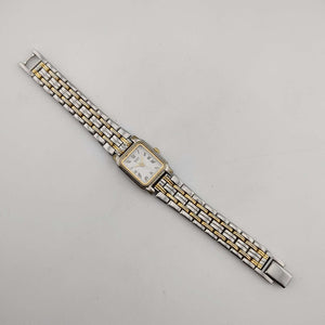 I Like Mikes Mid Century Modern Watches Seiko Unisex Mixed Metal Tone Quartz Watch, Rectangular White Dial, Bracelet Strap