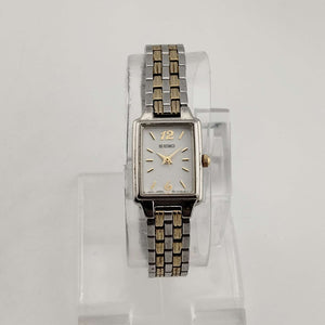 I Like Mikes Mid Century Modern Watches Seiko Unisex Mixed Metal Watch, Rectangular White Dial, Bracelet Strap