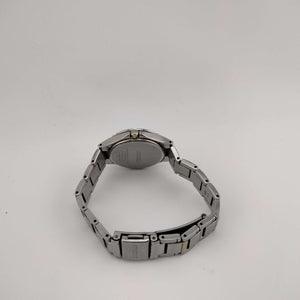 I Like Mikes Mid Century Modern Watches Seiko Unisex Mixed Metal Watch, Round Black Dial, Mixed Metal Bezel, Bracelet Strap