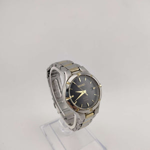 I Like Mikes Mid Century Modern Watches Seiko Unisex Mixed Metal Watch, Round Black Dial, Mixed Metal Bezel, Bracelet Strap