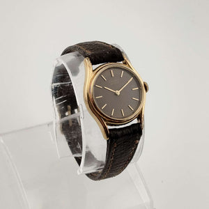 I Like Mikes Mid Century Modern Watches Seiko Unisex Quartz Gold Tone Watch, Brown Circular Dial, Brown Genuine Calf Leather Strap