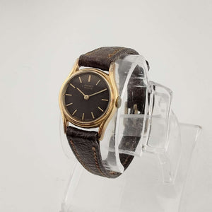 I Like Mikes Mid Century Modern Watches Seiko Unisex Quartz Gold Tone Watch, Brown Circular Dial, Brown Genuine Calf Leather Strap