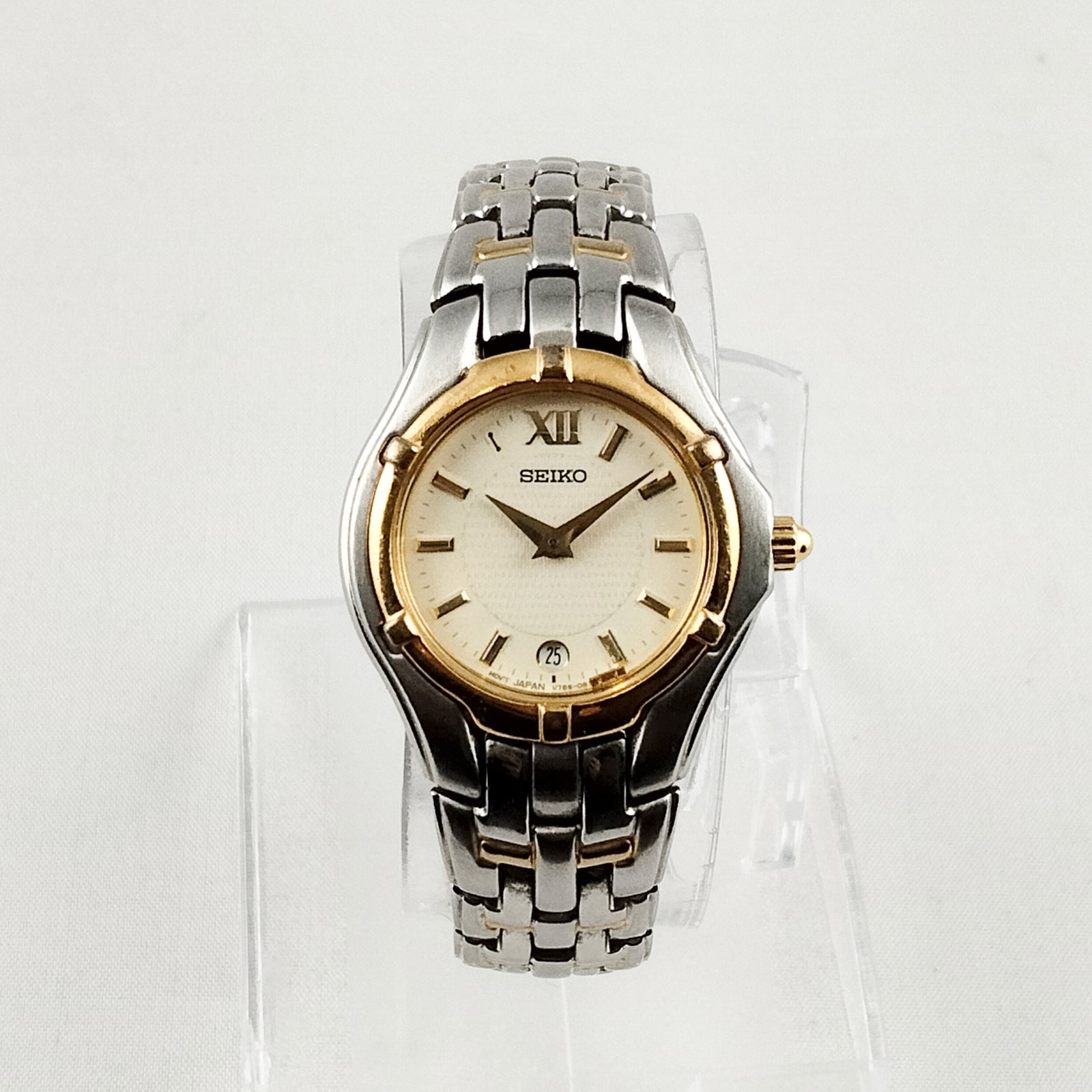 I Like Mikes Mid Century Modern Watches Seiko Unisex Silver and Gold Tone Watch, Date Window, Bracelet Strap