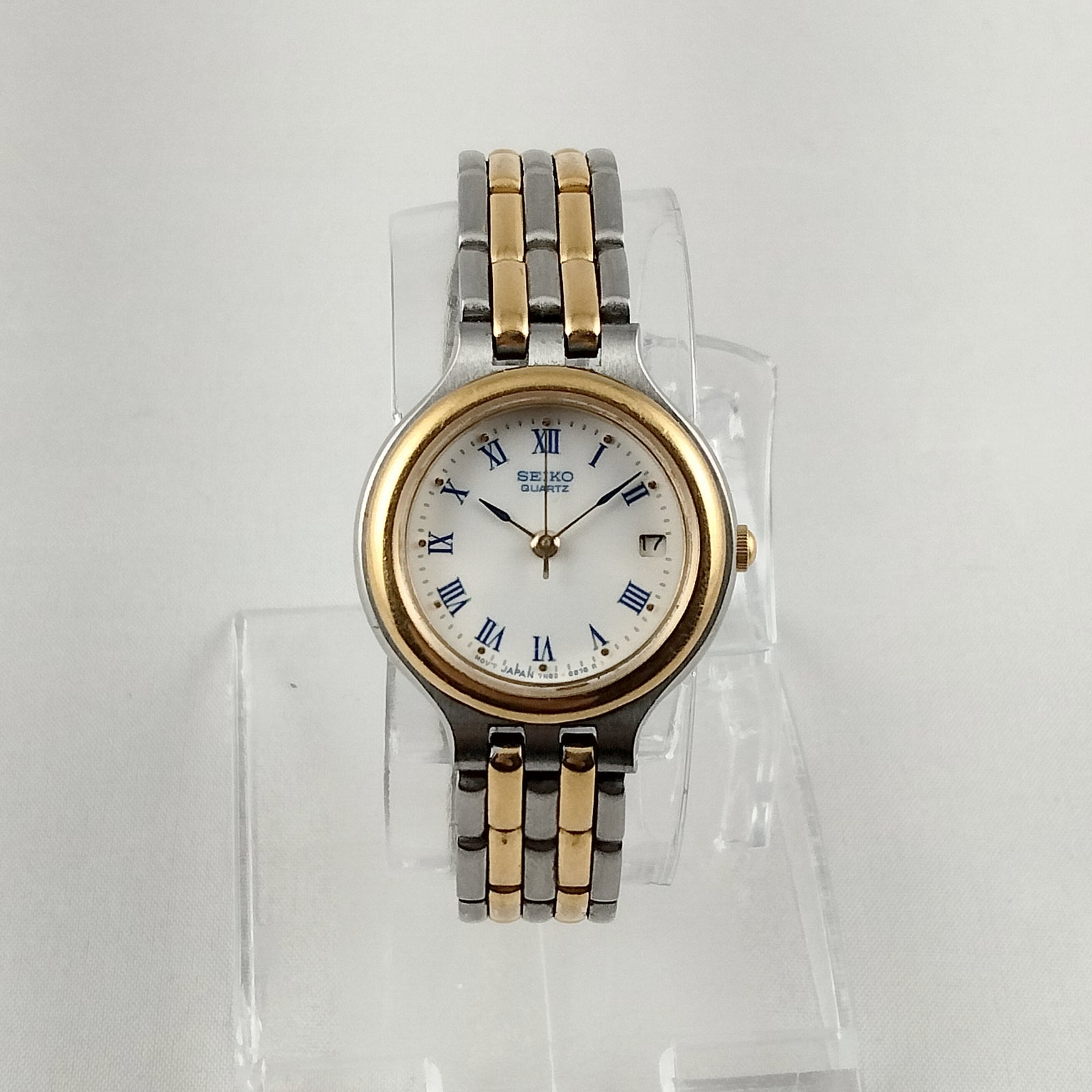 I Like Mikes Mid Century Modern Watches Seiko Unisex Silver and Gold Tone Watch, Navy Dial Details, Bracelet Strap