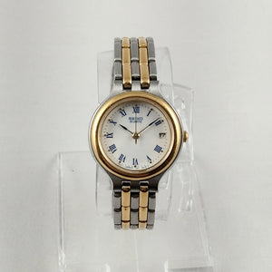 I Like Mikes Mid Century Modern Watches Seiko Unisex Silver and Gold Tone Watch, Navy Dial Details, Bracelet Strap