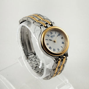 I Like Mikes Mid Century Modern Watches Seiko Unisex Silver and Gold Tone Watch, Navy Dial Details, Bracelet Strap