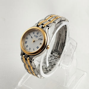 I Like Mikes Mid Century Modern Watches Seiko Unisex Silver and Gold Tone Watch, Navy Dial Details, Bracelet Strap