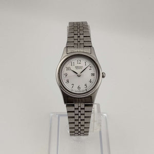 I Like Mikes Mid Century Modern Watches Seiko Unisex Silver Tone Watch, White Circular Dial, Date Window, Bracelet Strap