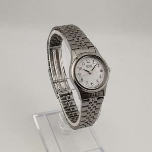I Like Mikes Mid Century Modern Watches Seiko Unisex Silver Tone Watch, White Circular Dial, Date Window, Bracelet Strap
