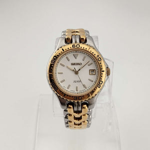 I Like Mikes Mid Century Modern Watches Seiko Unisex SQ100 Silver and Gold Tone Watch, Date Window, Bracelet Strap