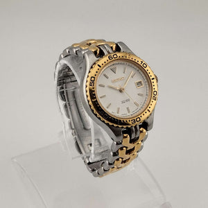 I Like Mikes Mid Century Modern Watches Seiko Unisex SQ100 Silver and Gold Tone Watch, Date Window, Bracelet Strap