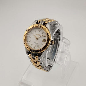 I Like Mikes Mid Century Modern Watches Seiko Unisex SQ100 Silver and Gold Tone Watch, Date Window, Bracelet Strap