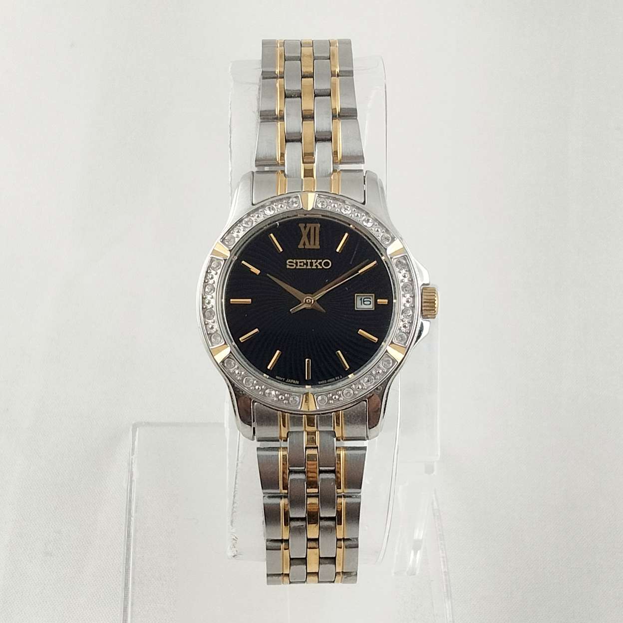 I Like Mikes Mid Century Modern Watches Seiko Unisex Watch, Black Dial, Jewel Details, Bracelet Strap