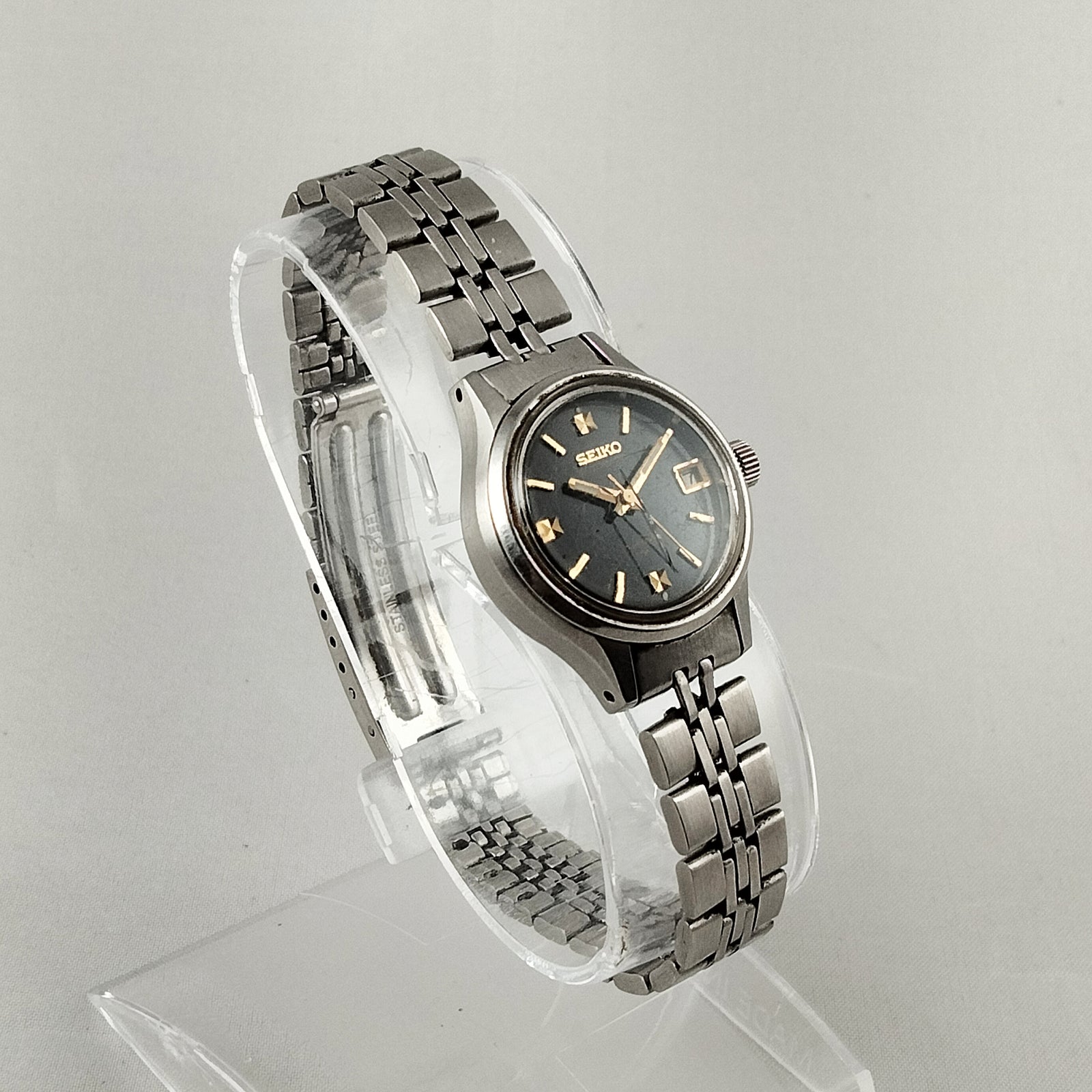 I Like Mikes Mid Century Modern Watches Seiko Unisex Watch, Black Dial with Faceted Hour Markers, Automatic, Bracelet Strap