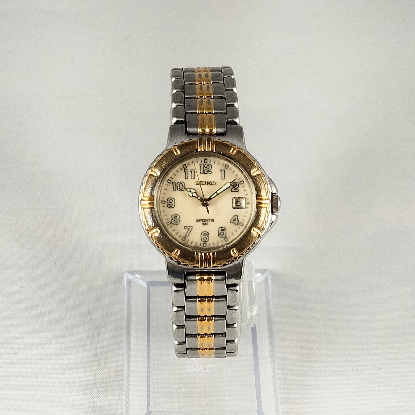 I Like Mikes Mid Century Modern Watches Seiko Unisex Watch, Gold and Silver Tone, Mint Hands, Bracelet Strap