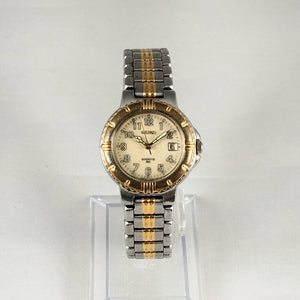 I Like Mikes Mid Century Modern Watches Seiko Unisex Watch, Gold and Silver Tone, Mint Hands, Bracelet Strap