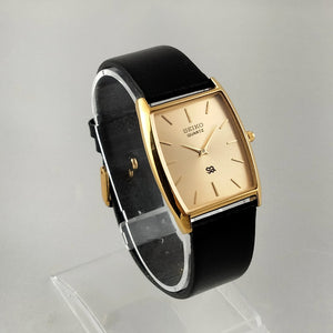 I Like Mikes Mid Century Modern Watches Seiko Unisex Watch, Gold Tone Face, Genuine Black Leather Strap