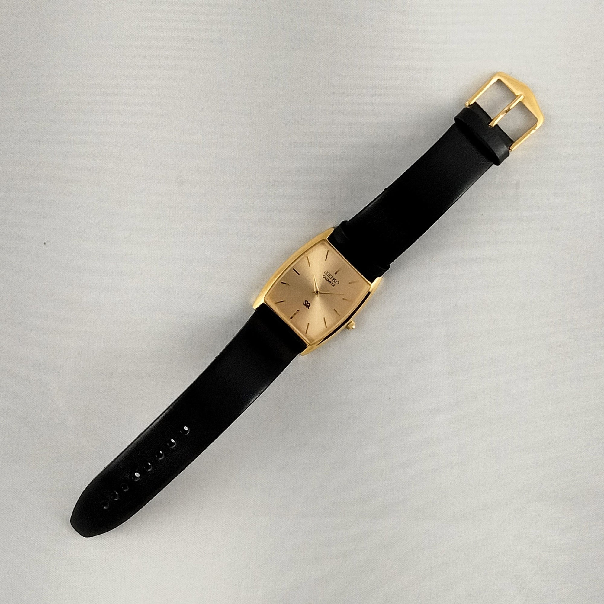 I Like Mikes Mid Century Modern Watches Seiko Unisex Watch, Gold Tone Face, Genuine Black Leather Strap