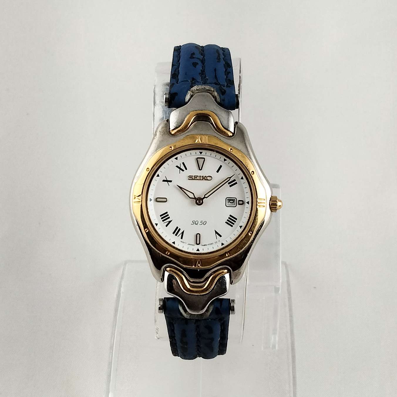 I Like Mikes Mid Century Modern Watches Seiko Unisex Watch, White Dial, Blue and Black Leather Strap