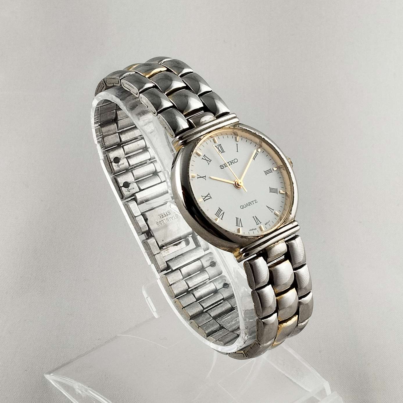 I Like Mikes Mid Century Modern Watches Seiko Unisex Watch, White Dial, Gold Tone Details, Bracelet Strap