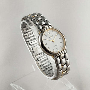 I Like Mikes Mid Century Modern Watches Seiko Unisex Watch, White Dial, Gold Tone Details, Bracelet Strap
