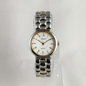 I Like Mikes Mid Century Modern Watches Seiko Unisex Watch, White Dial, Gold Tone Details, Bracelet Strap