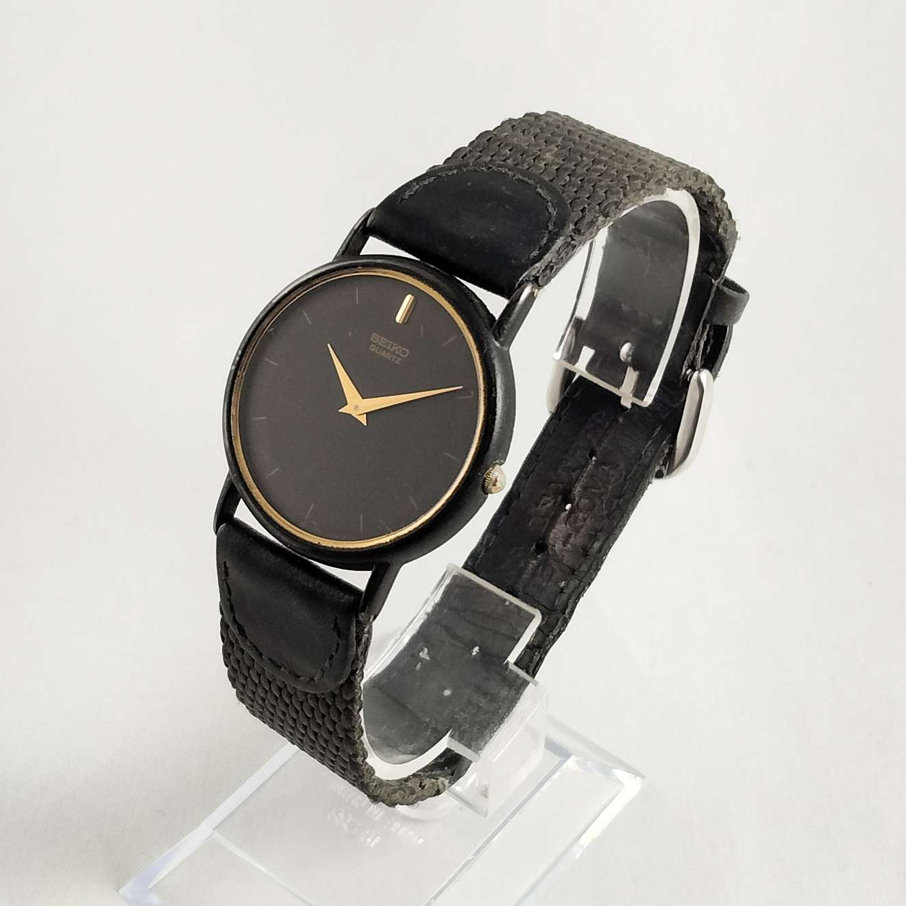 seiko dress watch leather Vintage Men Seiko Quartz Slim Tank Black Dial Black leather Dress Watch