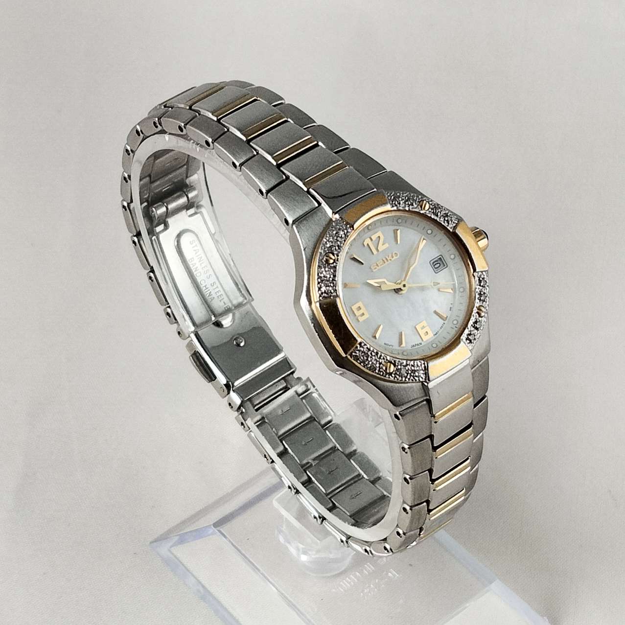 I Like Mikes Mid Century Modern Watches Seiko Watch, Mother of Pearl Dial, Jewel Details, Bracelet Strap