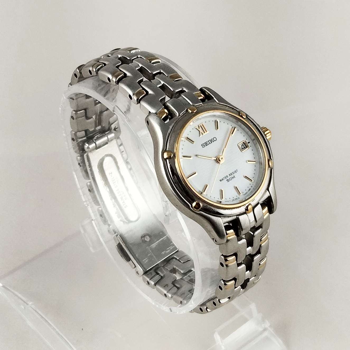 I Like Mikes Mid Century Modern Watches Seiko Watch, White Dial and Gold Tone Details, Bracelet Strap