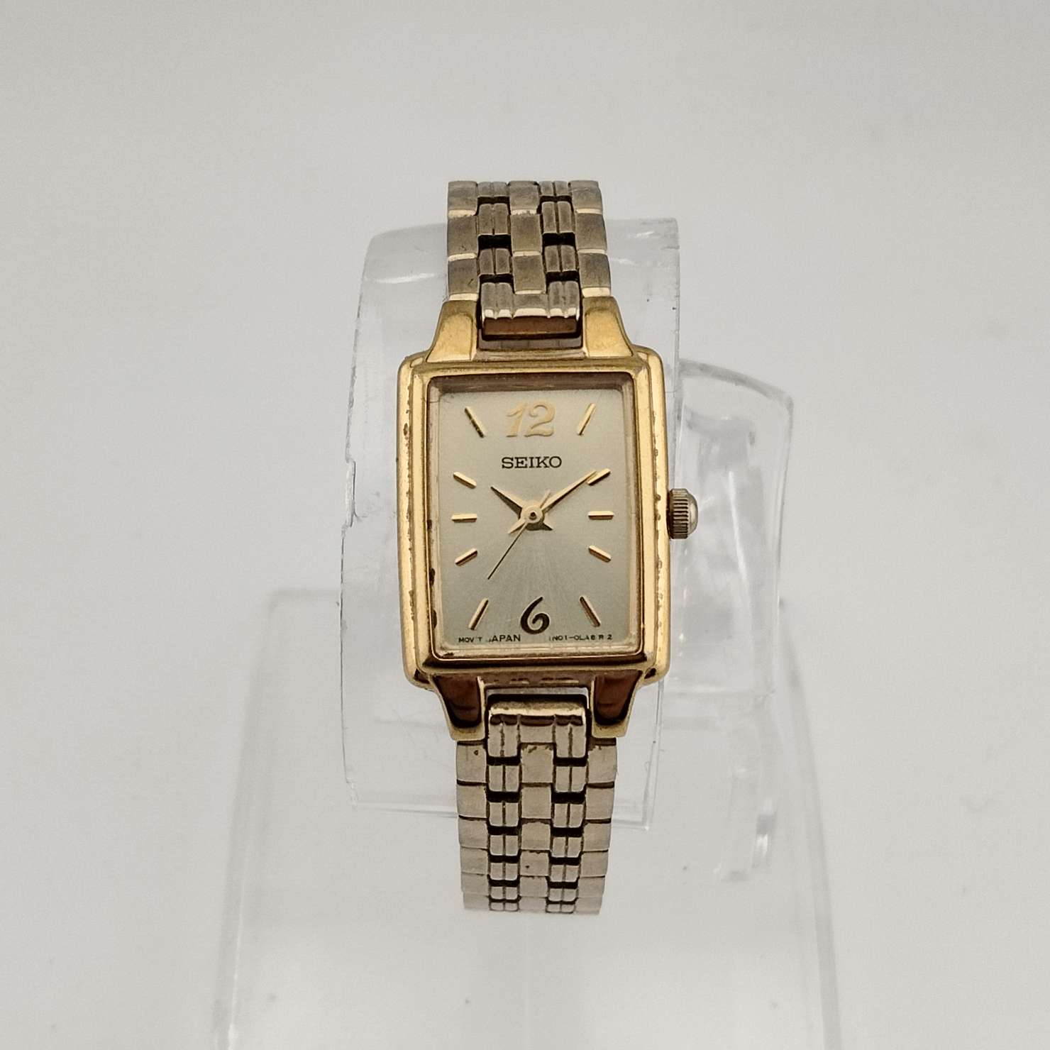 I Like Mikes Mid Century Modern Watches Seiko Women's All Gold Tone Watch, Rectangular Dial, Stylistic Font Detail, Link Strap