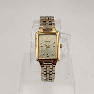 I Like Mikes Mid Century Modern Watches Seiko Women's All Gold Tone Watch, Rectangular Dial, Stylistic Font Detail, Link Strap