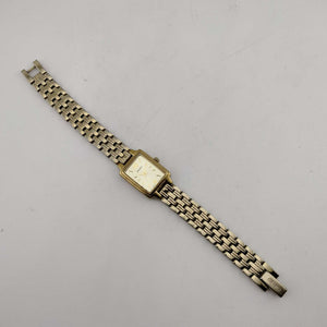 I Like Mikes Mid Century Modern Watches Seiko Women's All Gold Tone Watch, Rectangular Dial, Stylistic Font Detail, Link Strap