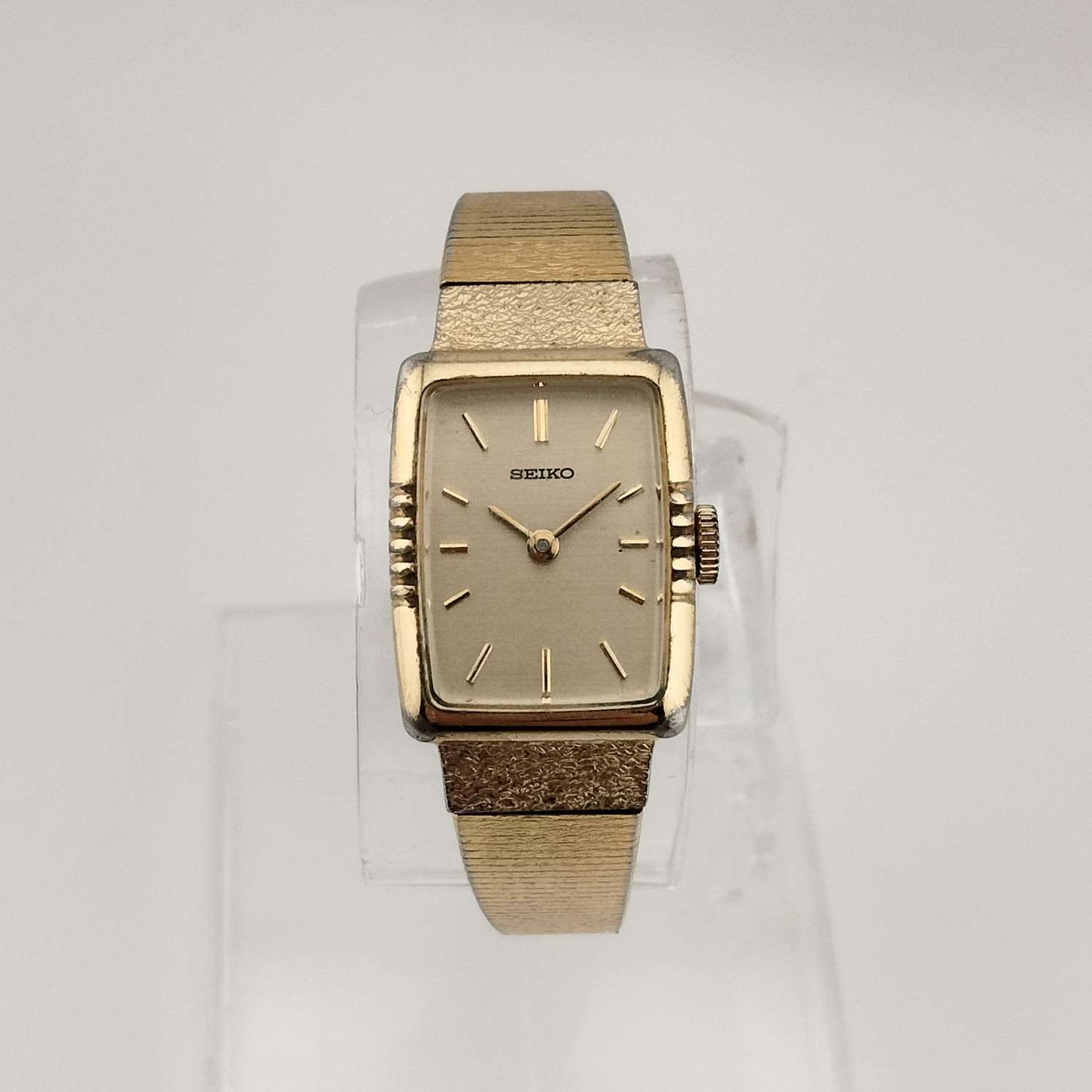 I Like Mikes Mid Century Modern Watches Seiko Women's All Gold Tone Watch, Rectangular Dial with Rounded Sides, Bracelet Strap