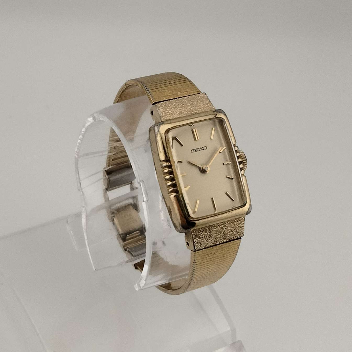 I Like Mikes Mid Century Modern Watches Seiko Women's All Gold Tone Watch, Rectangular Dial with Rounded Sides, Bracelet Strap