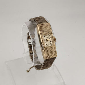 I Like Mikes Mid Century Modern Watches Seiko Women's Gold Tone Petite Watch, Elongated Rectangular Dial, Pronounced Bezel, Bracelet Strap