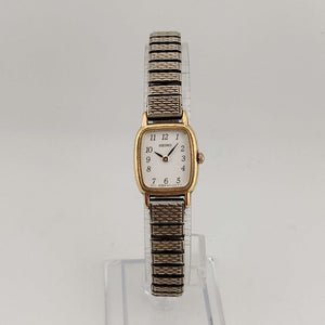 I Like Mikes Mid Century Modern Watches Seiko Women's Gold Tone Petite Watch, White Rounded Corner Rectangular Dial, Stretch Strap