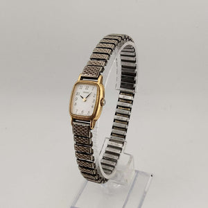 I Like Mikes Mid Century Modern Watches Seiko Women's Gold Tone Petite Watch, White Rounded Corner Rectangular Dial, Stretch Strap
