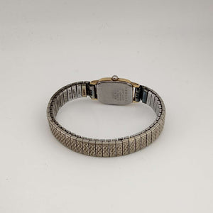 I Like Mikes Mid Century Modern Watches Seiko Women's Gold Tone Petite Watch, White Rounded Corner Rectangular Dial, Stretch Strap