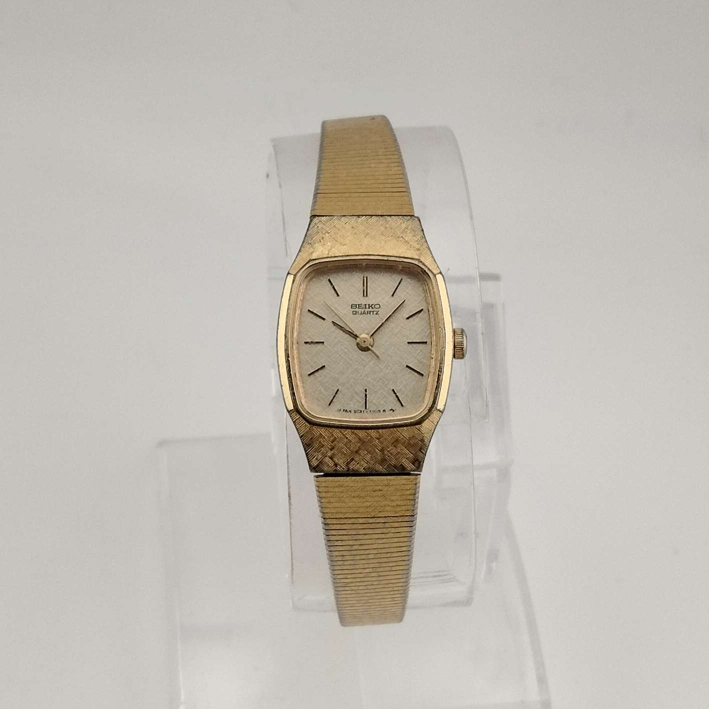 I Like Mikes Mid Century Modern Watches Seiko Women's Gold Tone Quartz Watch, Rounded Rectangular Dial, Bracelet Strap