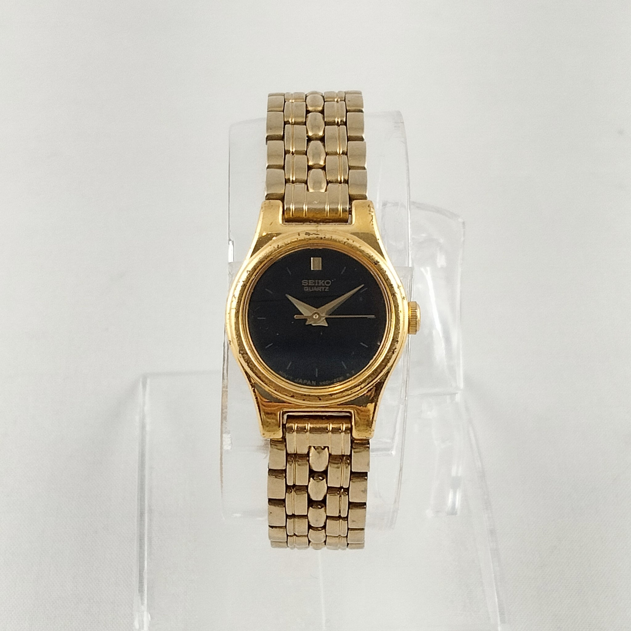 Seiko Women's Gold Tone Watch, Black Dial, Bracelet Strap - I Like Mikes Mid Century Modern Seiko Women's Gold Tone Watch, Black Dial, Bracelet Strap - I Like Mikes Mid Century Modern