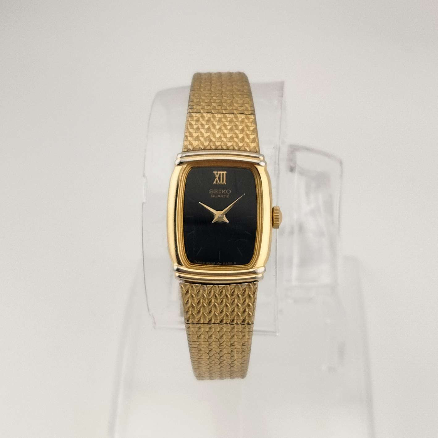 I Like Mikes Mid Century Modern Watches Seiko Women's Gold Tone Watch, Minimalist Rectangular Black Dial, Bracelet Strap