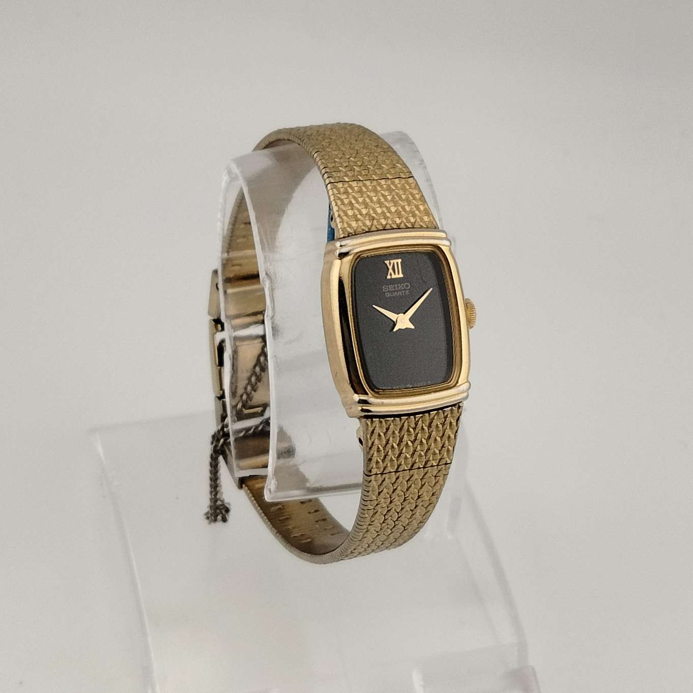 Seiko Women's Gold Tone Watch, Minimalist Rectangular Black Dial, Brac - I Like Mikes Mid Century Modern Seiko Women's Gold Tone Watch, Minimalist Rectangular Black Dial, Brac - I Like Mikes Mid Century Modern
