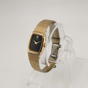 I Like Mikes Mid Century Modern Watches Seiko Women's Gold Tone Watch, Minimalist Rectangular Black Dial, Bracelet Strap