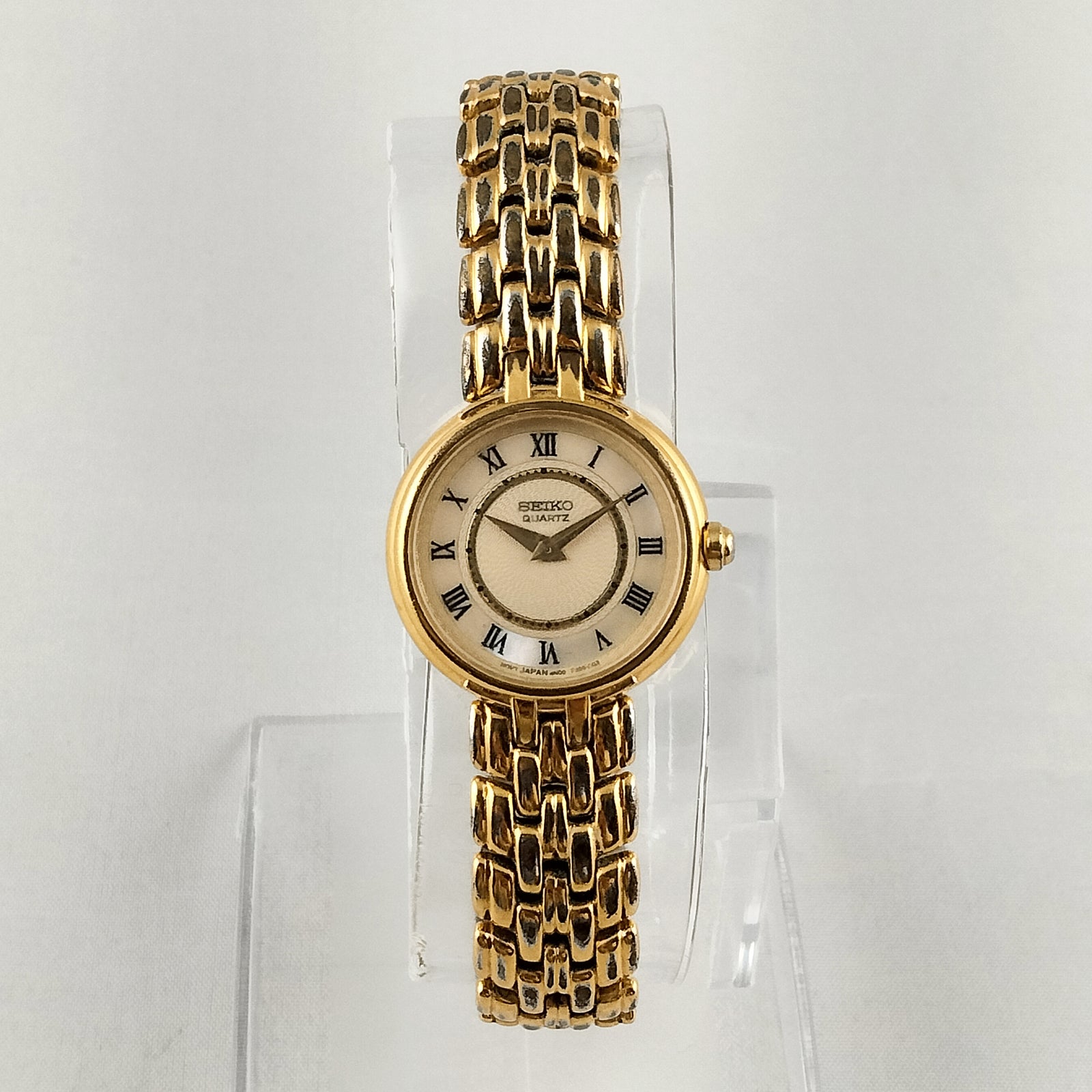 I Like Mikes Mid Century Modern Watches Seiko Women's Gold Tone Watch, Mother of Pearl Dial Details, Bracelet Strap