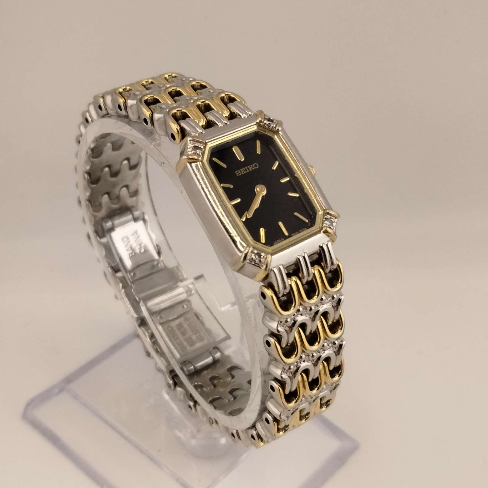 I Like Mikes Mid Century Modern Watches Seiko Women's Mixed Metal Watch, Oblong Octagonal Dial, Bracelet Strap with Butterfly Clasp