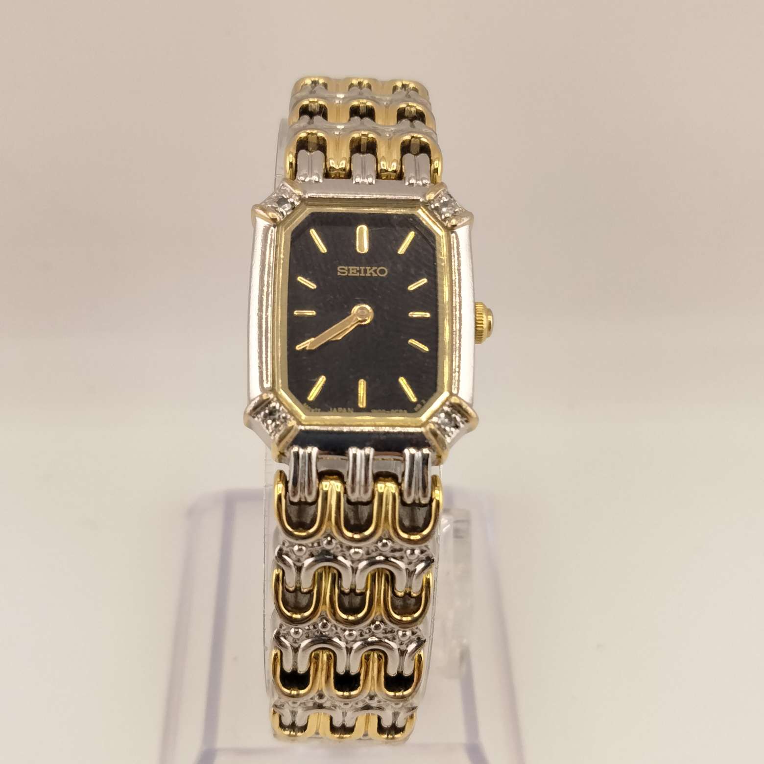 I Like Mikes Mid Century Modern Watches Seiko Women's Mixed Metal Watch, Oblong Octagonal Dial, Bracelet Strap with Butterfly Clasp