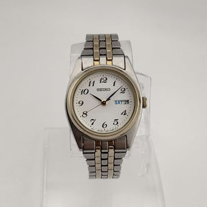I Like Mikes Mid Century Modern Watches Seiko Women's Mixed Metal Watch, White Circular Dial, Date and Day Window, Bracelet Strap