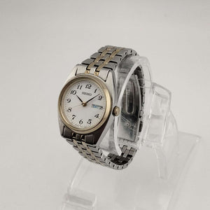 I Like Mikes Mid Century Modern Watches Seiko Women's Mixed Metal Watch, White Circular Dial, Date and Day Window, Bracelet Strap