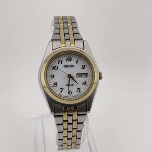 I Like Mikes Mid Century Modern Watches Seiko Women's Mixed Metal Watch, White Circular Dial, Date and Day Window, Bracelet Strap