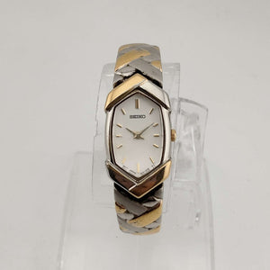 I Like Mikes Mid Century Modern Watches Seiko Women's Mixed Metal Watch, White Elongated Hexagonal Dial, Bracelet Strap